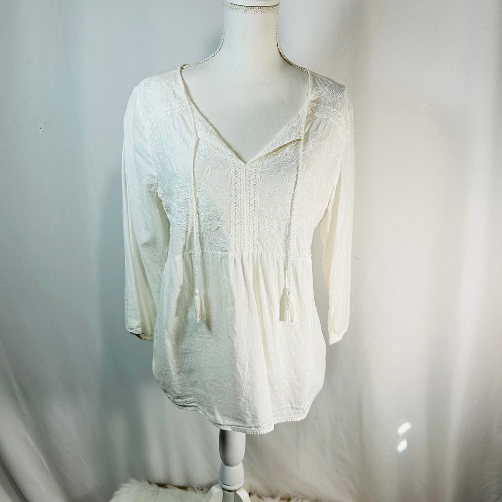 Natural Reflections Embroidered Tassel V Neck Long Sleeve White Tunic‎ Top M